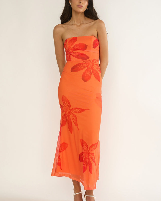 Orange Strapless Cowl Back Dress Floral