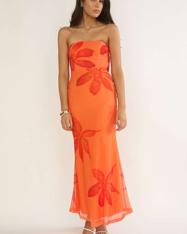 Orange Strapless Cowl Back Dress Floral