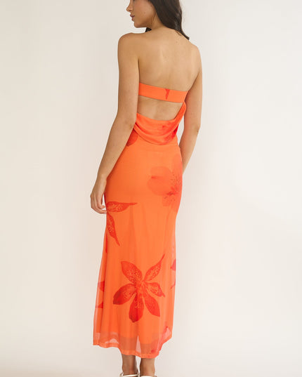 Orange Strapless Cowl Back Dress Floral