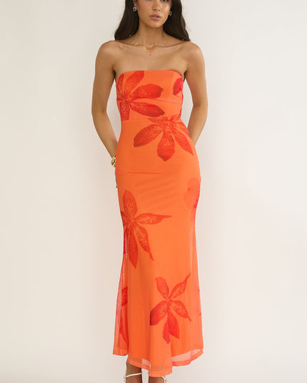 Orange Strapless Cowl Back Dress Floral