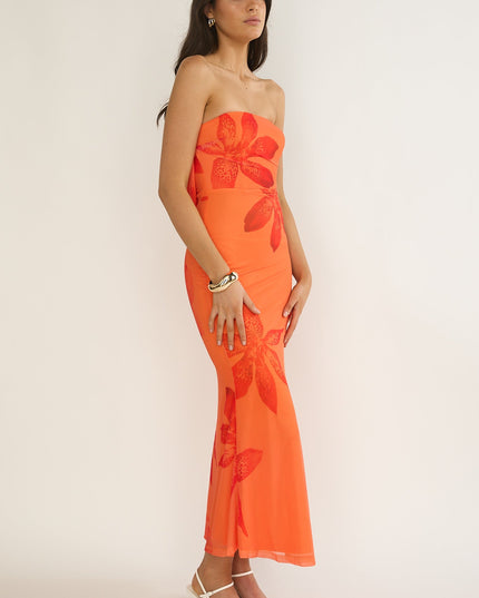 Orange Strapless Cowl Back Dress Floral