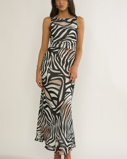 Black/White Tied Low Back Maxi Dress Print