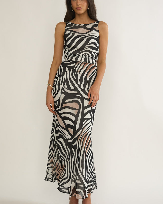 Black/White Tied Low Back Maxi Dress Print