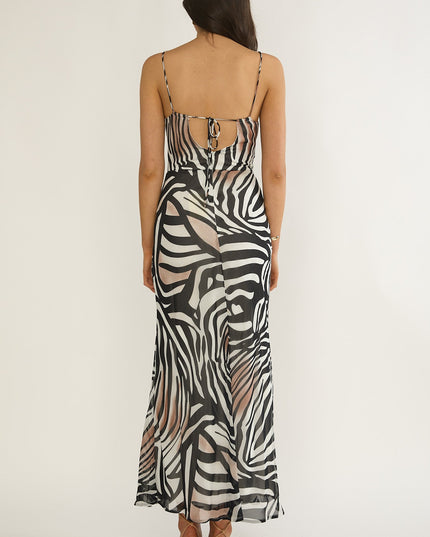 Black/White Tied Low Back Maxi Dress Print