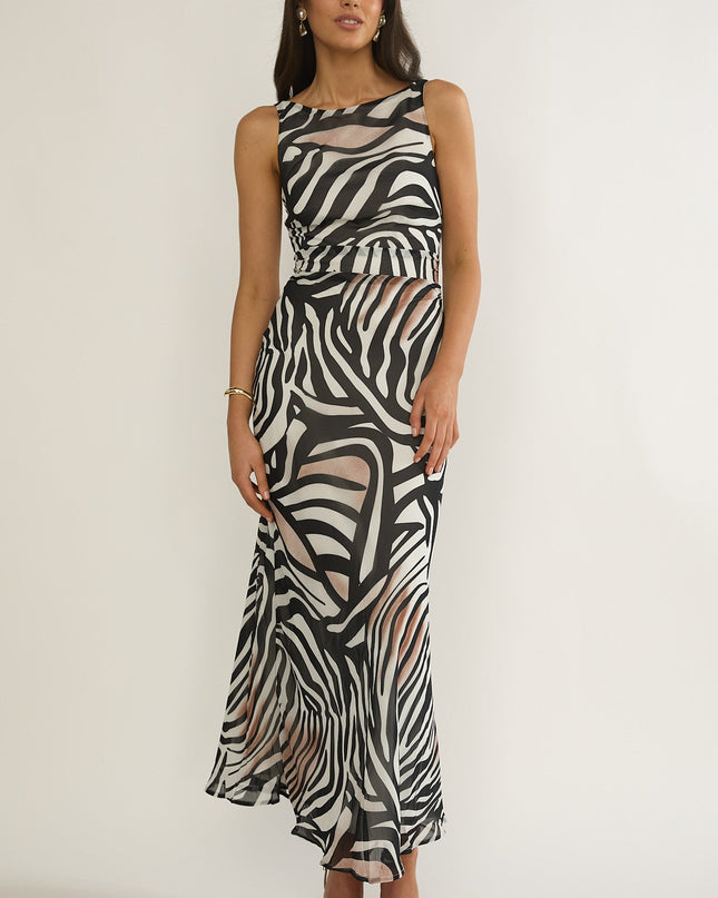 Black/White Tied Low Back Maxi Dress Print