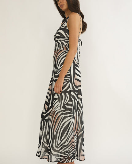 Black/White Tied Low Back Maxi Dress Print
