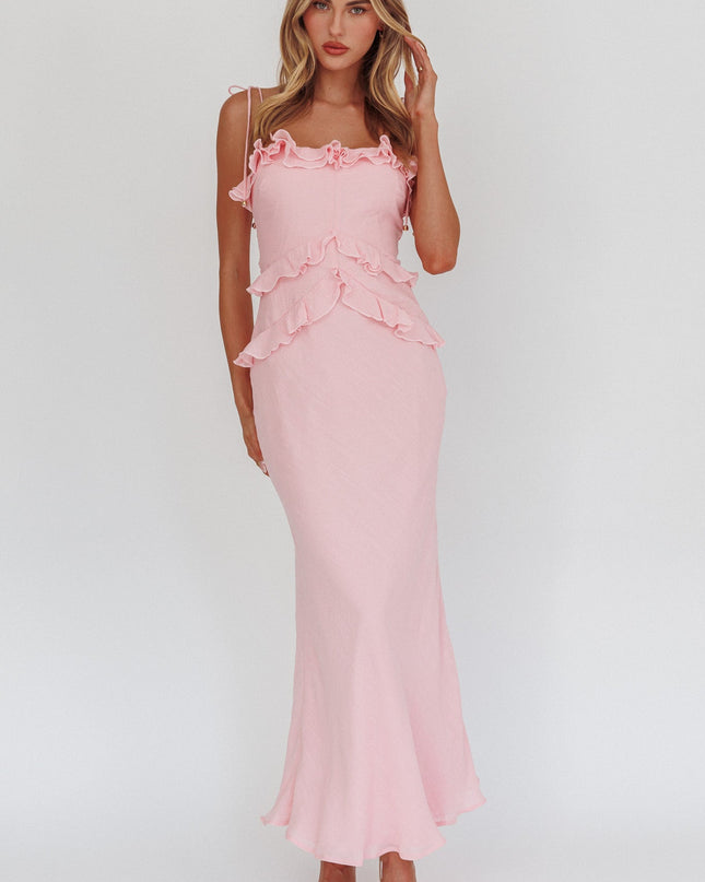 Pink Roll Frill Trim Maxi Dress