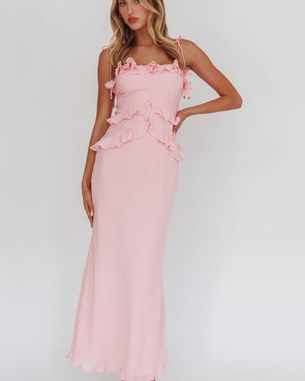 Pink Roll Frill Trim Maxi Dress