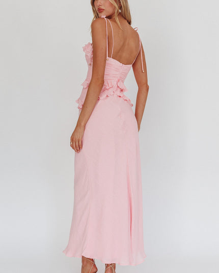 Pink Roll Frill Trim Maxi Dress