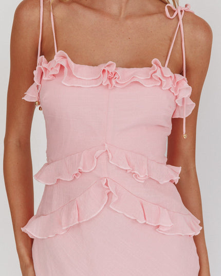 Pink Roll Frill Trim Maxi Dress