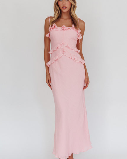 Pink Roll Frill Trim Maxi Dress