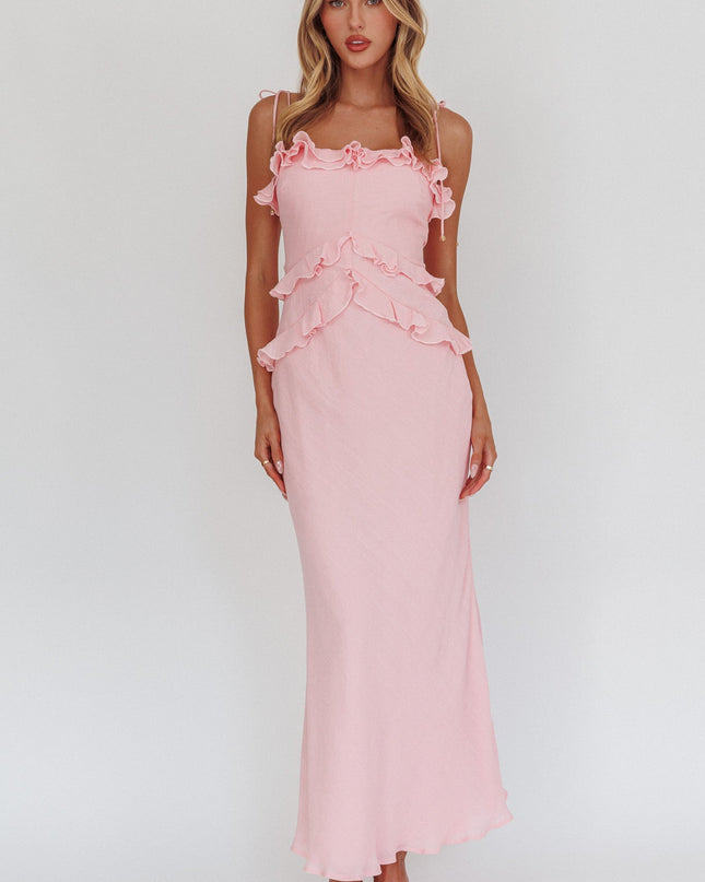 Pink Roll Frill Trim Maxi Dress