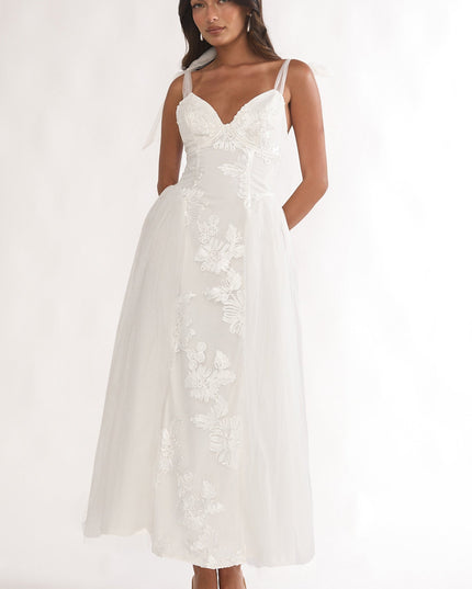 White Floral Embellished Bow Maxi Dress