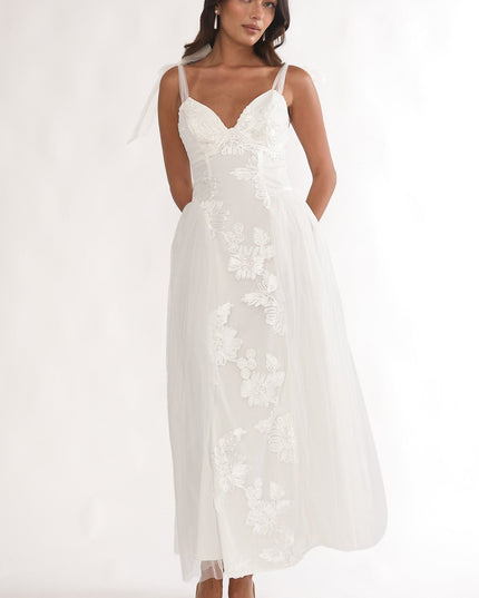 White Floral Embellished Bow Maxi Dress