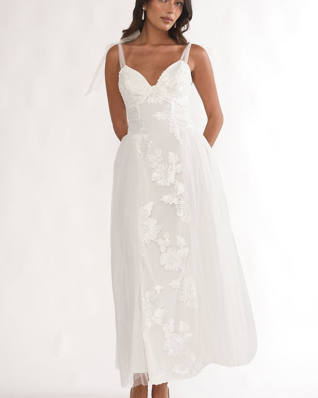 White Floral Embellished Bow Maxi Dress