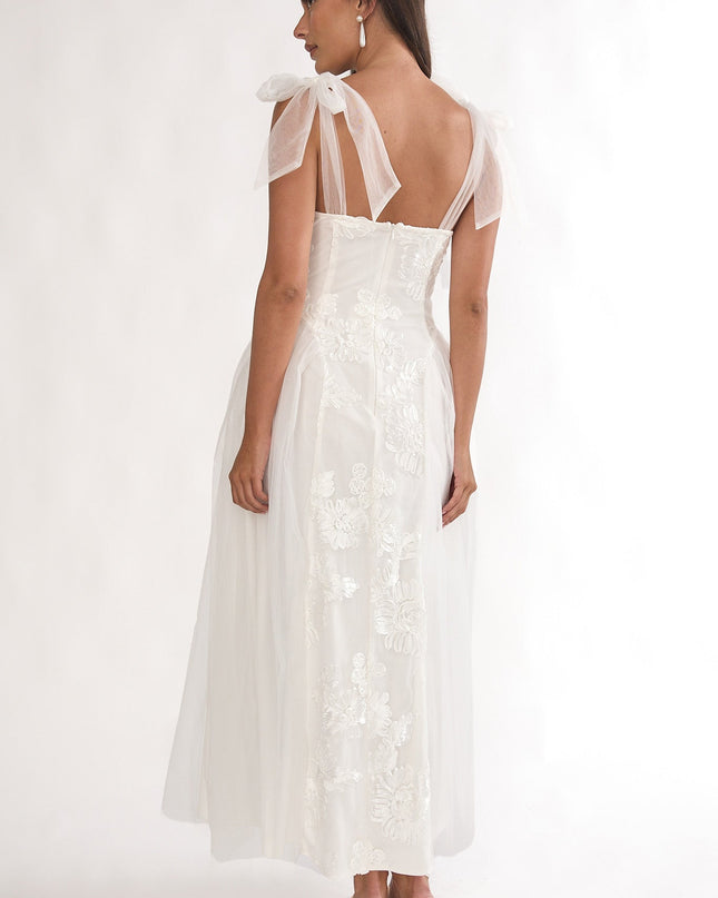 White Floral Embellished Bow Maxi Dress