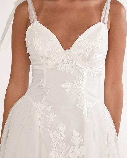 White Floral Embellished Bow Maxi Dress