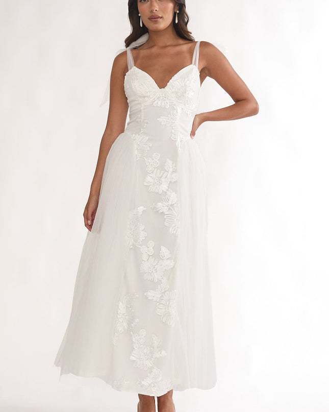 White Floral Embellished Bow Maxi Dress