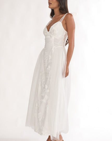 White Floral Embellished Bow Maxi Dress