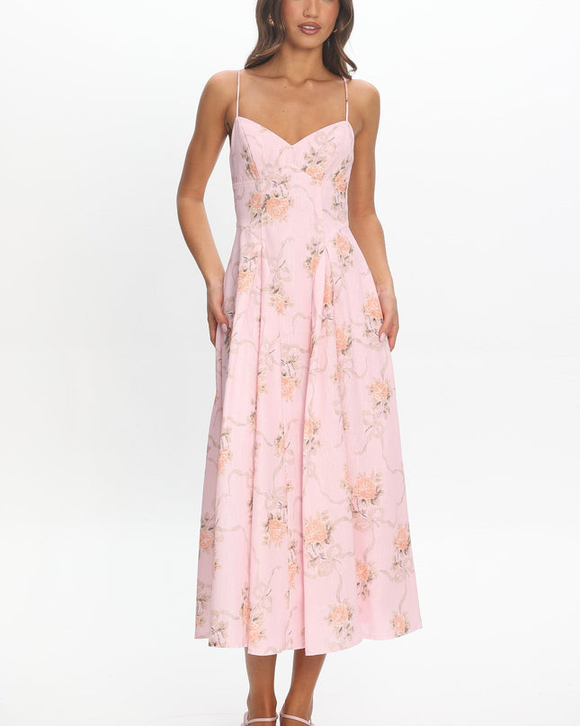 Pink Attention Pleat Waist Maxi Dress Bow