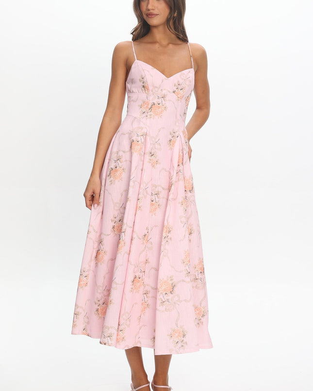 Pink Attention Pleat Waist Maxi Dress Bow