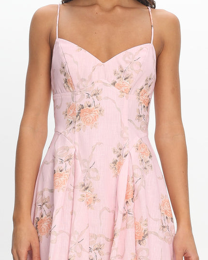 Pink Attention Pleat Waist Maxi Dress Bow