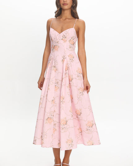 Pink Attention Pleat Waist Maxi Dress Bow