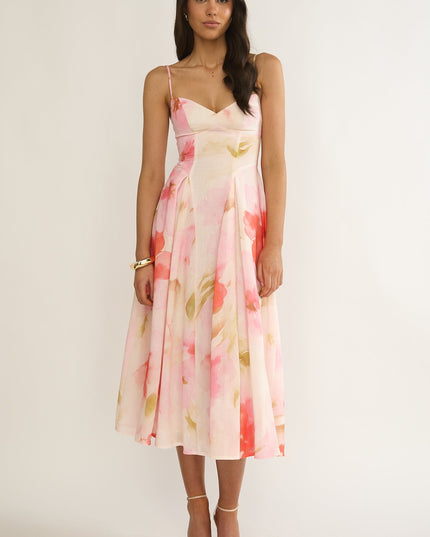 Pink Attention Pleat Waist Midi Dress Floral