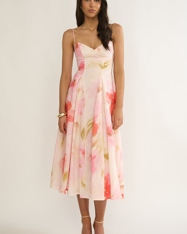 Pink Attention Pleat Waist Midi Dress Floral