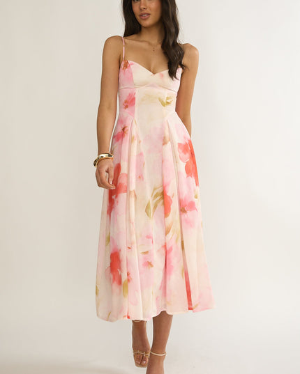 Pink Attention Pleat Waist Midi Dress Floral