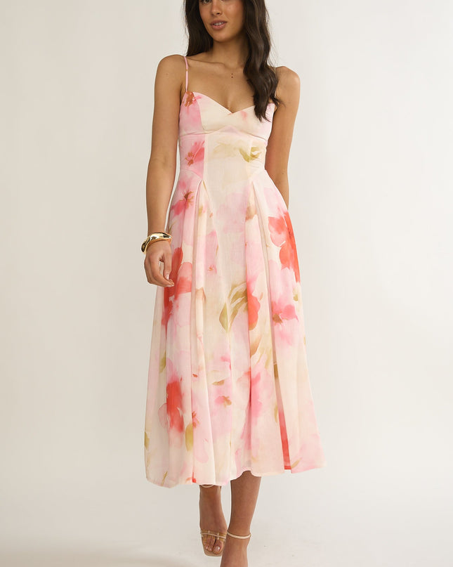 Pink Attention Pleat Waist Midi Dress Floral