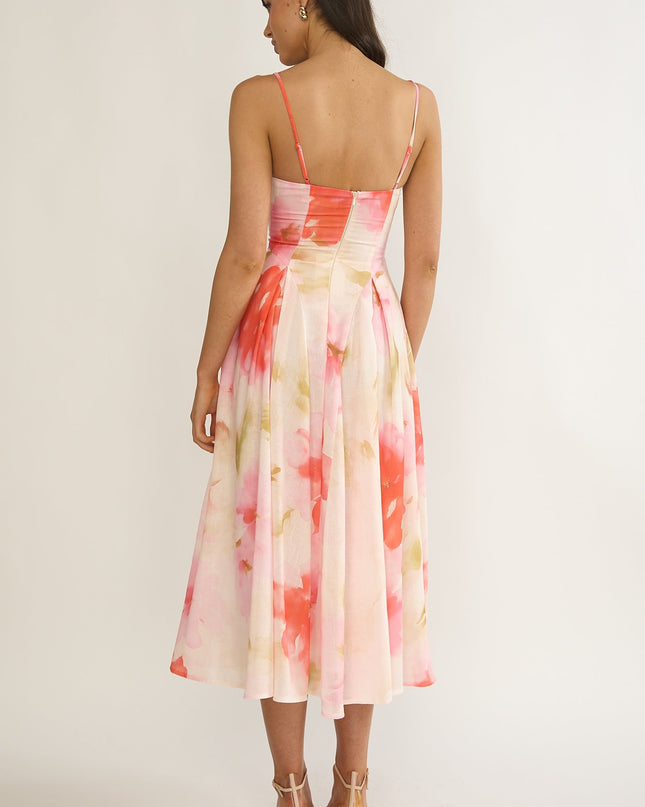 Pink Attention Pleat Waist Midi Dress Floral