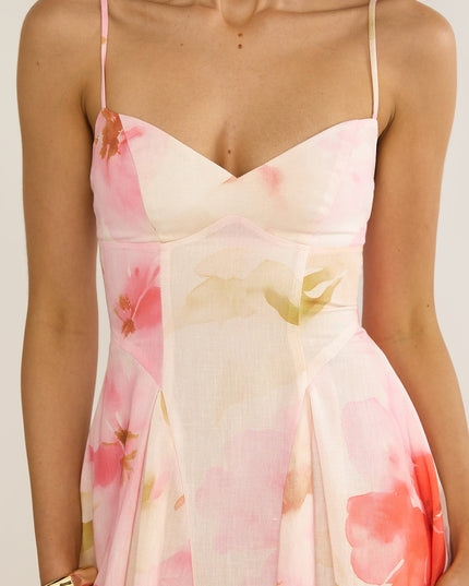 Pink Attention Pleat Waist Midi Dress Floral