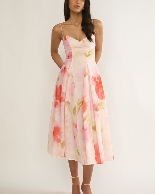Pink Attention Pleat Waist Midi Dress Floral