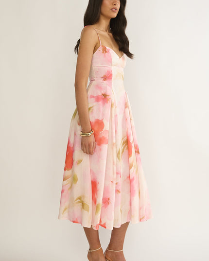Pink Attention Pleat Waist Midi Dress Floral