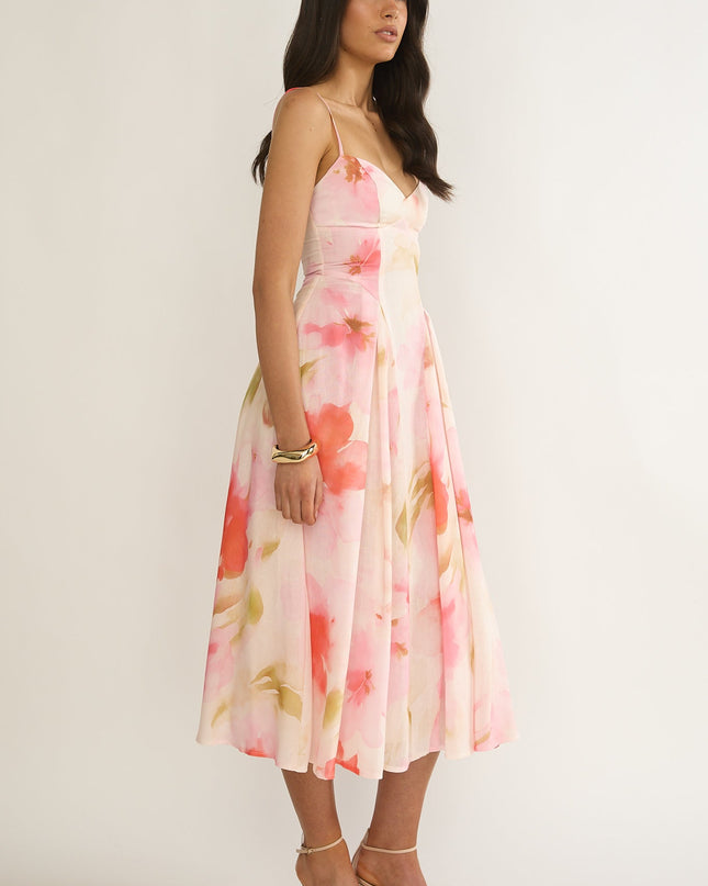 Pink Attention Pleat Waist Midi Dress Floral