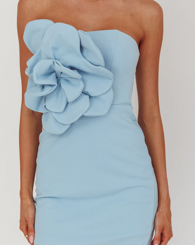 Blue 3D Flower Strapless Mini Dress