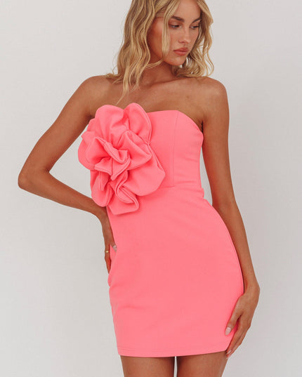 Pink 3D Flower Strapless Mini Dress