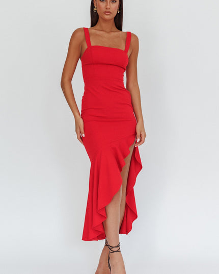 Red Asymmetric Hem Maxi Dress