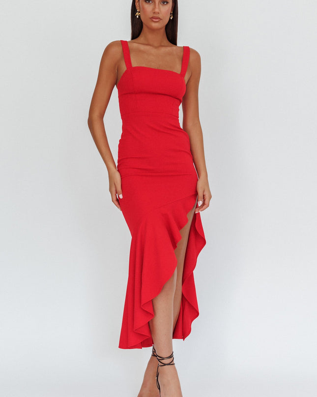 Red Asymmetric Hem Maxi Dress