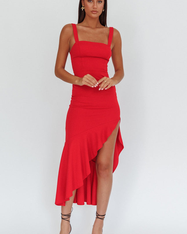 Red Asymmetric Hem Maxi Dress