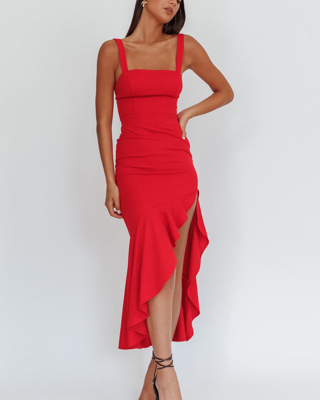 Red Asymmetric Hem Maxi Dress