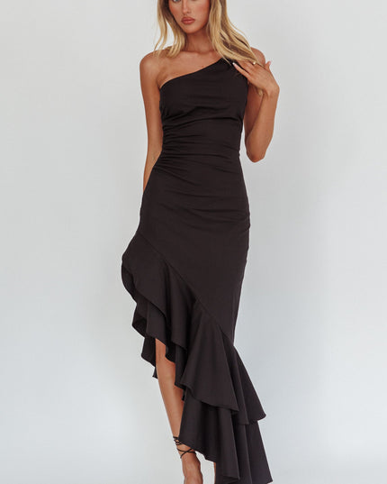 Black One-Shoulder Asymmetric Hem Dress
