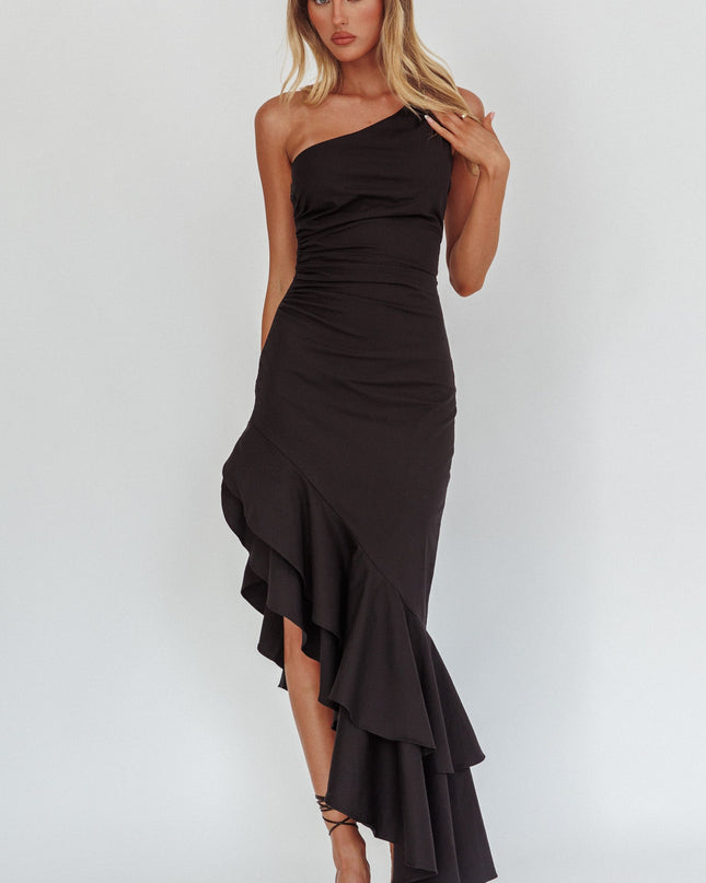 Black One-Shoulder Asymmetric Hem Dress
