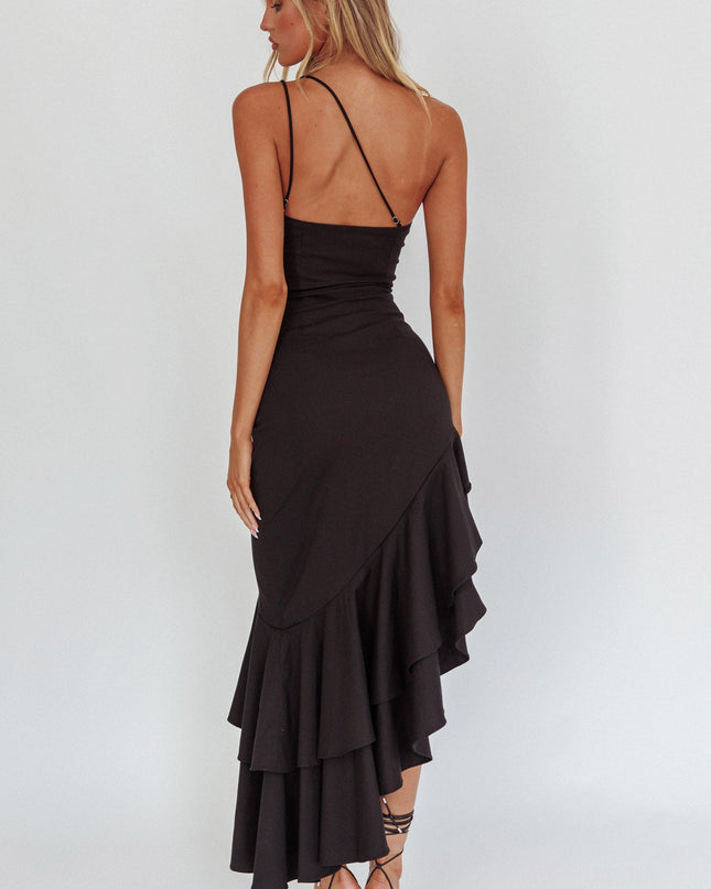 Black One-Shoulder Asymmetric Hem Dress
