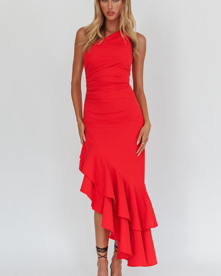 Red One-Shoulder Asymmetric Hem Dress