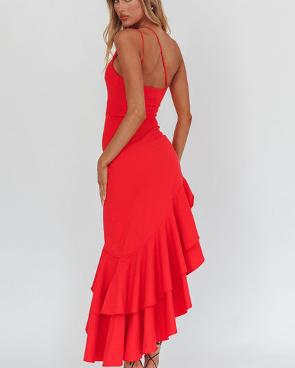 Red One-Shoulder Asymmetric Hem Dress