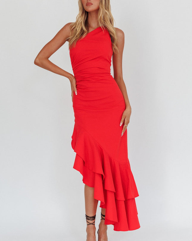 Red One-Shoulder Asymmetric Hem Dress
