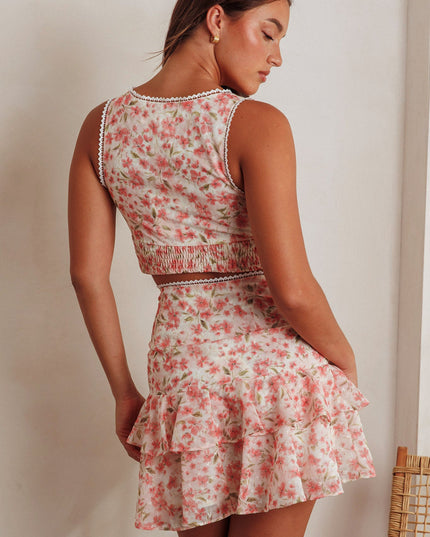 Pink High Waist Ruffle Mini Skirt Floral