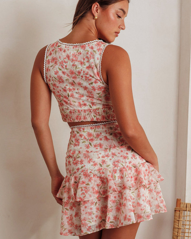 Pink High Waist Ruffle Mini Skirt Floral